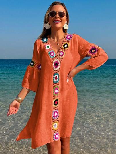Swim Lushoire V-ringad 3/4-ärmig virkad blommig lös avslappnad klänning med sidoslit och överdrag, slumpmässig färg