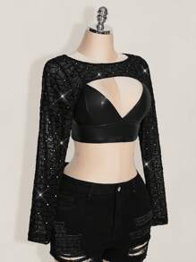SHEIN ICON Plus Size Extra Cropped Long Sleeve Top With Rhinestone Embellished Mesh Overlay, Y2K Style,Club Outfits Women Sexy,Going Out Tops Women
