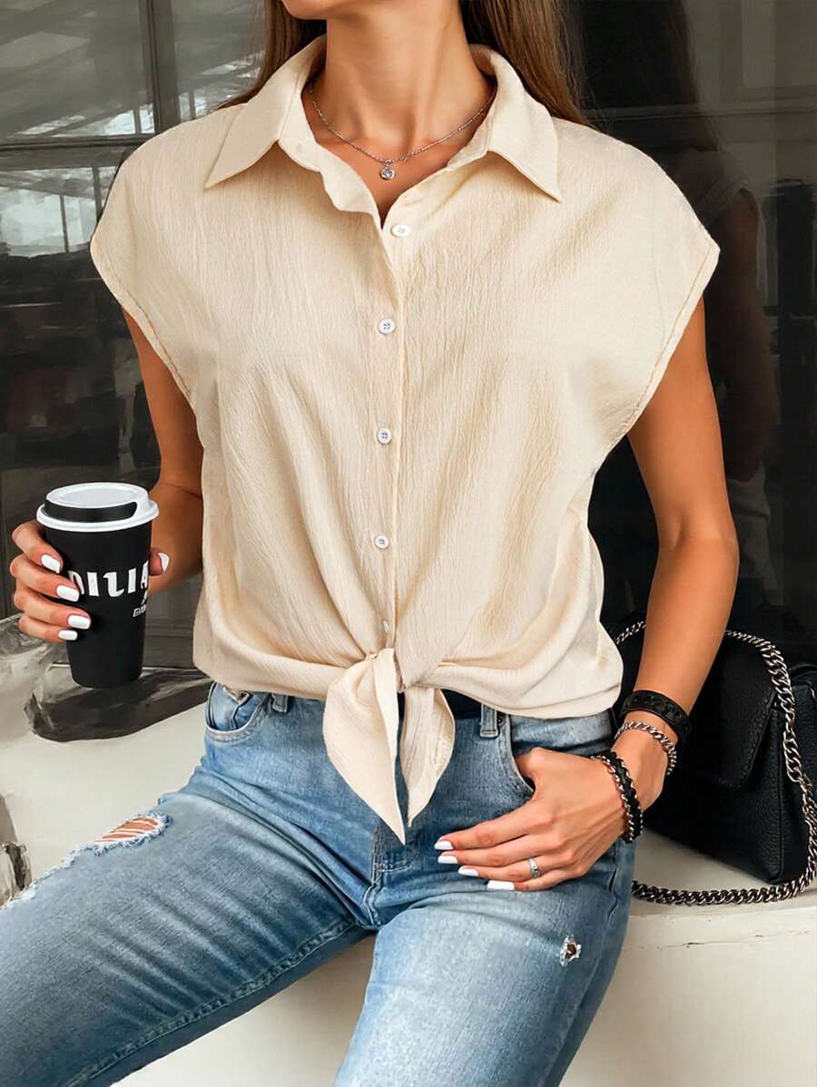 SHEIN LUNE Áo sơ mi cổ trễ vai màu trơn cỡ lớn mùa hè, áo cánh thông thường cho mùa xuân, mùa hè và mùa thu - Màu be - Xem 1