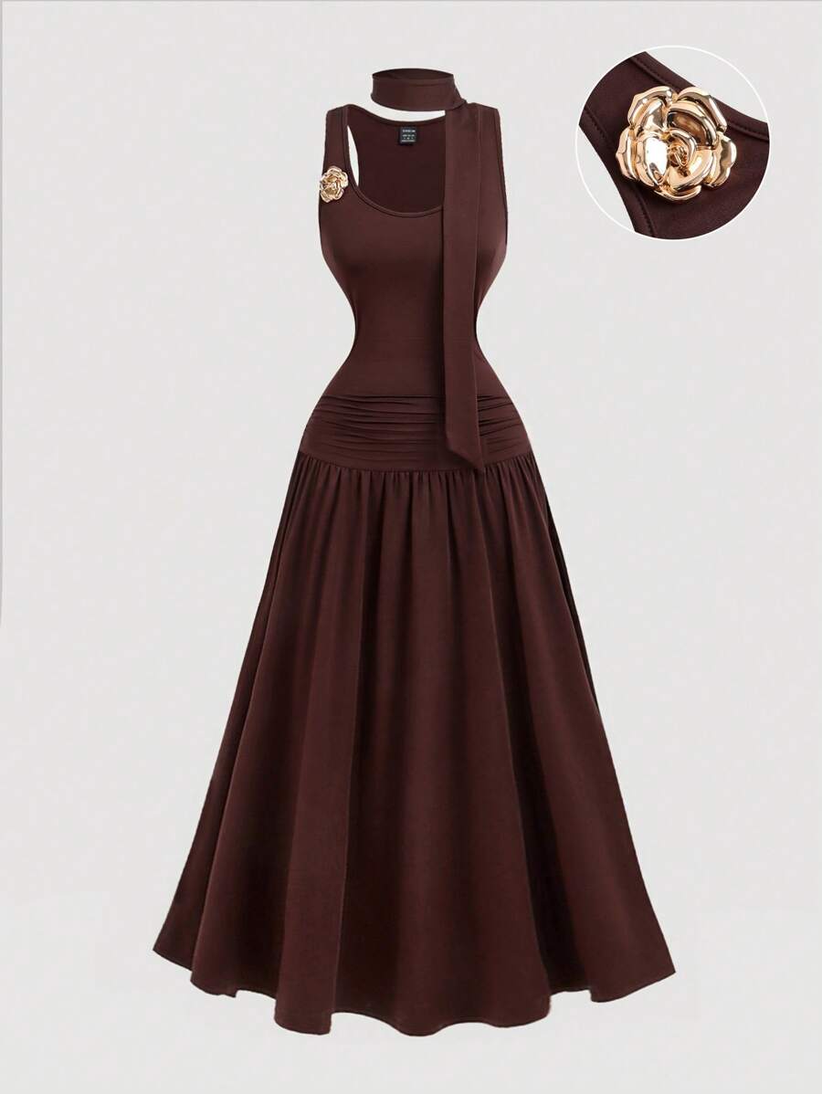 SHEIN MOD Đầm xòe không tay trang trí hoa 3D bằng kim loại thanh lịch cho nữ - màu nâu - Xem 1
