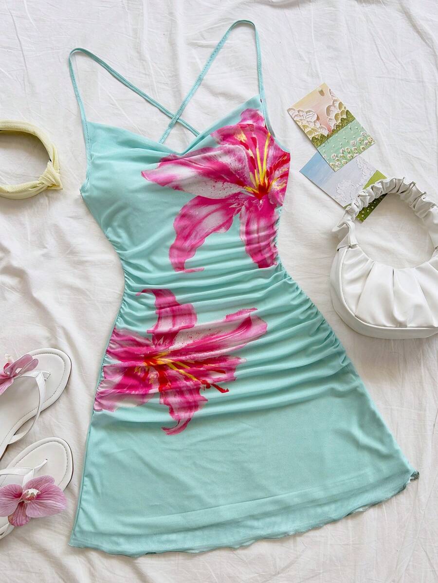 Soleia 花卉网眼褶饰露背细肩带迷你海滩度假连衣裙，节日约会夜装，适合春夏季、茶会、情人节 - 水鴨藍 - 查看 1