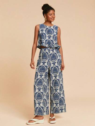 Travachic Top Sin Mangas Con Dobladillo Con Volantes Y Pantalones Anchos Con Estampado De Damasco