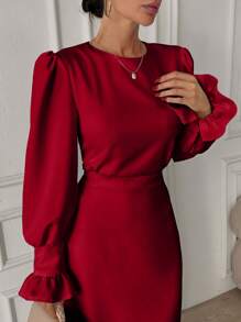 EURMUSE Frenchy Frill Sleeve Maxi Dress With Lining - Burgundy - View 6