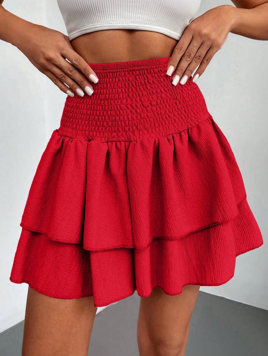 EURMUSE Women's Solid Color Ruffle Hem Fashionable Mini Skirt For Holiday - Red - View 1