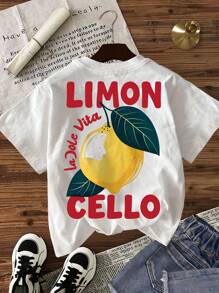INAWLY Women Summer Letter & Lemon Printed Casual Round Neck Short Sleeve T-Shirt