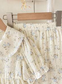 女童两件套开学睡衣套装，薄款碎花甜美公主风荷叶边彼得潘领泡泡袖宽松上衣和阔腿裤 - 杏色 - 查看 6