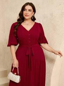 Veilorie Plus Size V-Neck Short Sleeve Casual Waist Cinched Summer Dress - Burgundy - View 4