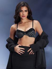 0.5 Cup Balconette Underwired Charming Daily OL Lady Boss Striped And Floral Lace Bra, Black