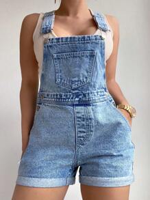 SHEIN ICON Plus Size Distressed Denim Bib Overall Romper , Fashionable For Summer