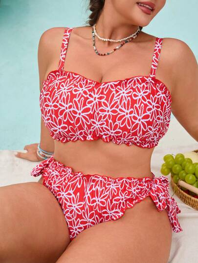 Swim Mod Conjunto de maiô feminino plus size, 2 peças, estampa floral, frente única, cintura alta, babados, com alça ajustável, para praia, casual, férias