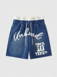 ROMWE MEN Prep Shorts de verano casuales para hombres con banda elástica en la cintura de doble capa, con estampado de letras en contraste de color - Azul - Ver 1