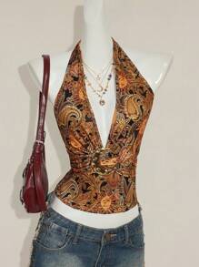 SHEIN ICON Áo hở lưng hở lưng cổ chữ V sâu in họa tiết Paisley gợi cảm mùa hè - màu nâu - Xem 3