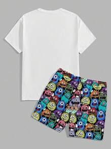 Manfinity Homme 夏季男士短袖印花圓領T恤和短褲套裝 - 彩色 - 查看 4