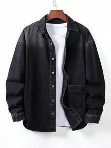 Manfinity LEGND Plus Size Men's Long Sleeve Single-Breasted Casual Pocket Denim Jacket Jean Shirt Men