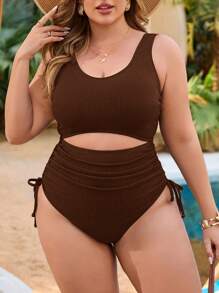 SHEIN 1套加大码女式海军蓝休闲度假连体泳衣（带罩衫） - 咖啡棕 - 查看 1