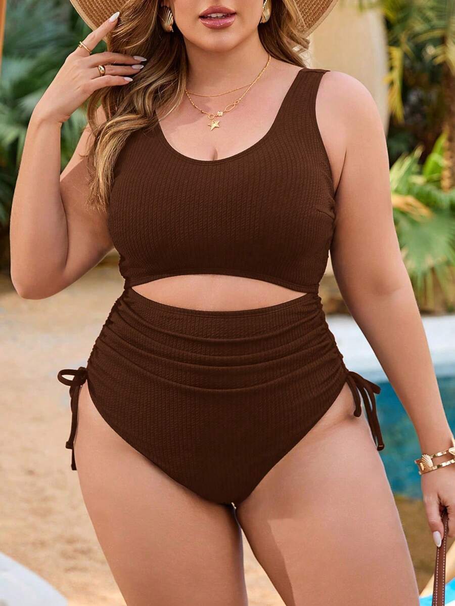 SHEIN 1套加大码女式海军蓝休闲度假连体泳衣（带罩衫） - 咖啡棕 - 查看 1