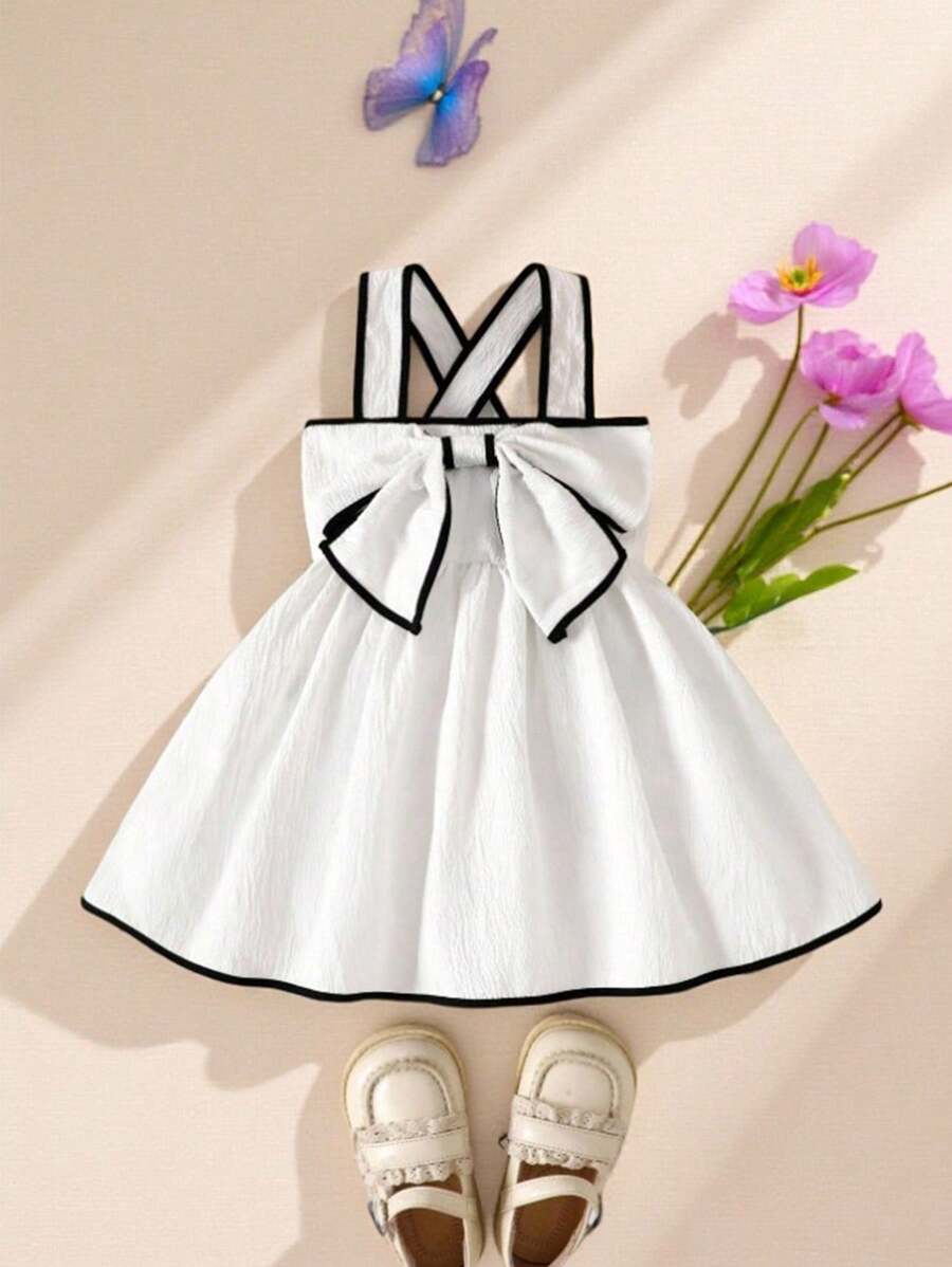 Souflis Souflis 女婴优雅纹理面料对比蝴蝶结连衣裙