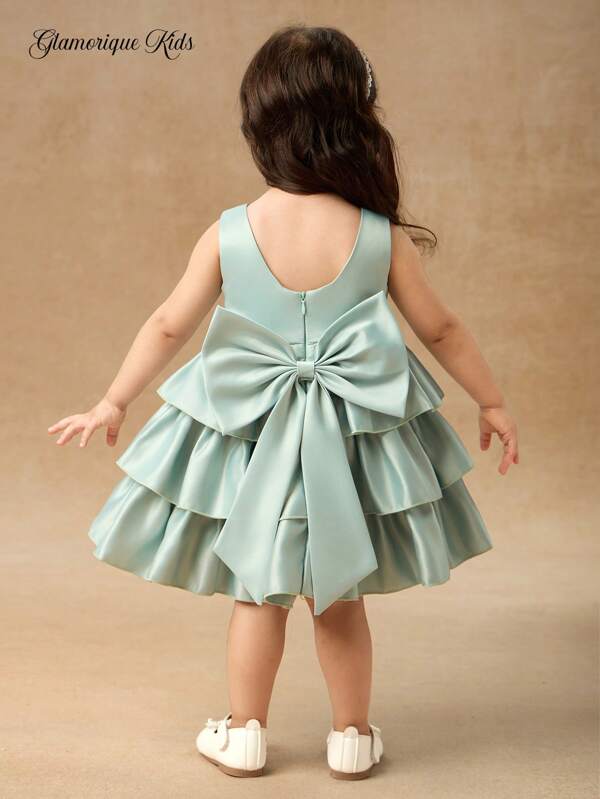 Glamorique Kids Rochie drăguță și drăguță de prințesă, cu spate în V, talie strânsă, cu fundă mare, evazată, cu volane, pentru fetițe, potrivită pentru toate anotimpurile