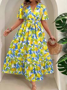 SHEIN Clasi Plus Size Tropical Fruit Print V-Neck Belted Ruffle Trim Dress - Multicolor - View 4