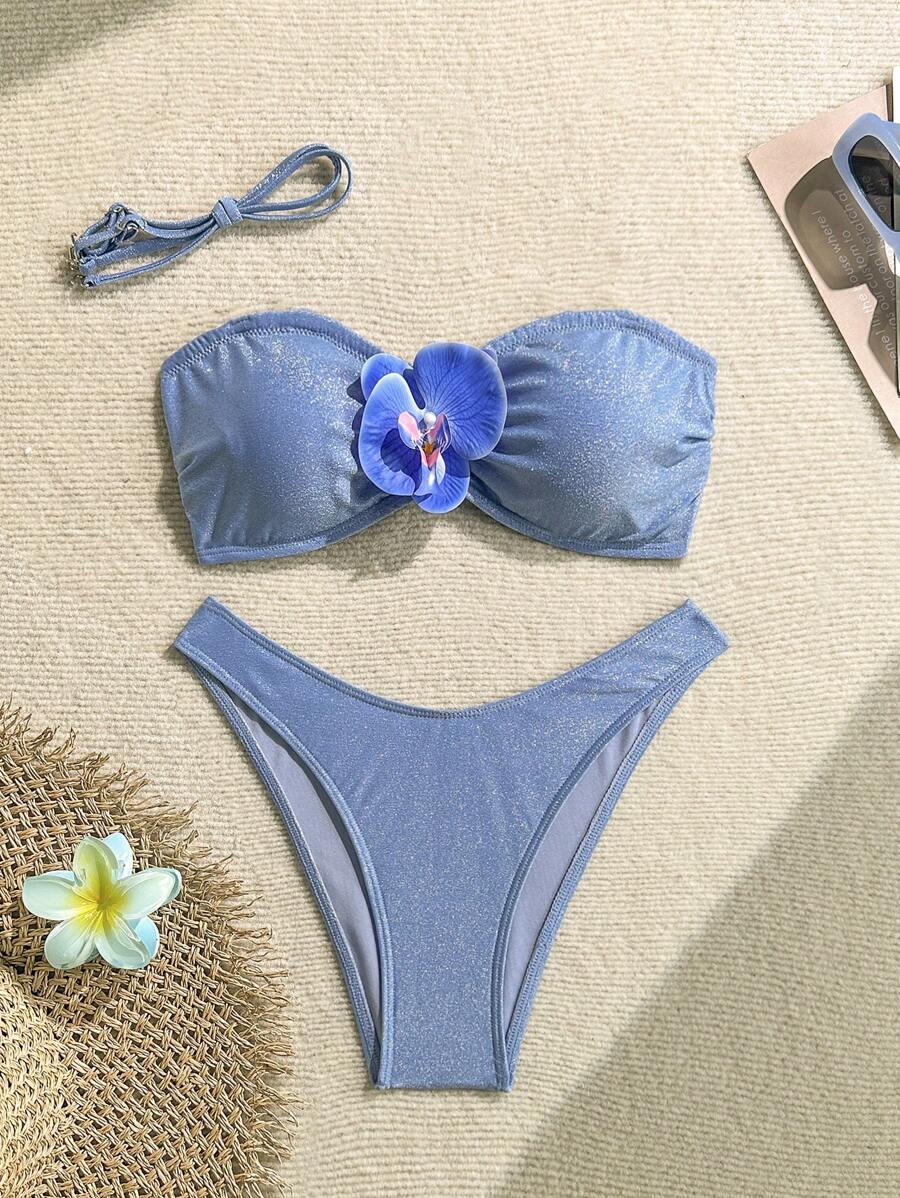 Soleia Conjunto de bikini de dos piezas con Top bandeau decorada con flores 3D y sexy para mujer, ideal para playa de verano - Azul - Ver 1