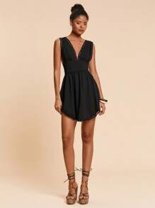 Travachic Guipure Lace Trim Plunging Neck Ruched Waist Dress - Black - View 3