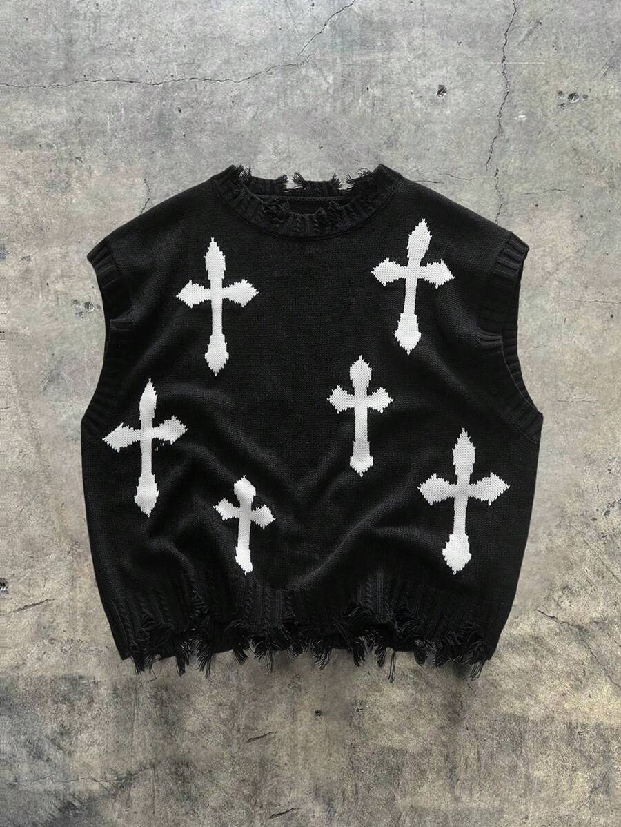 AXEPEAK Cross Print Round Neck Frayed Hem Men's Knit Sweater Vest, Streetwear-Inspired - Black - View 1