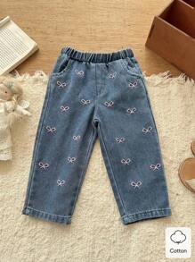 Vintaside Kids Baby Girl Cute And Versatile Denim Bow Detail Pants - Blue - View 1