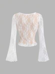 Sweetra Women's Sexy Lace Tie Front Sweetheart Neck Long Flare Sleeve Top, Casual Y2K  Fall Cloth For Women - White - View 2