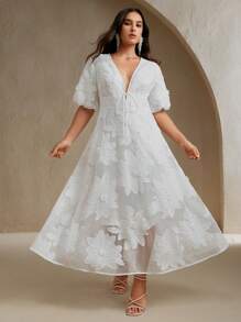 Anewsta 大码女式花卉装饰中袖 V 领中长连衣裙，优雅百搭的鸡尾酒会礼服 - 白色 - 查看 6