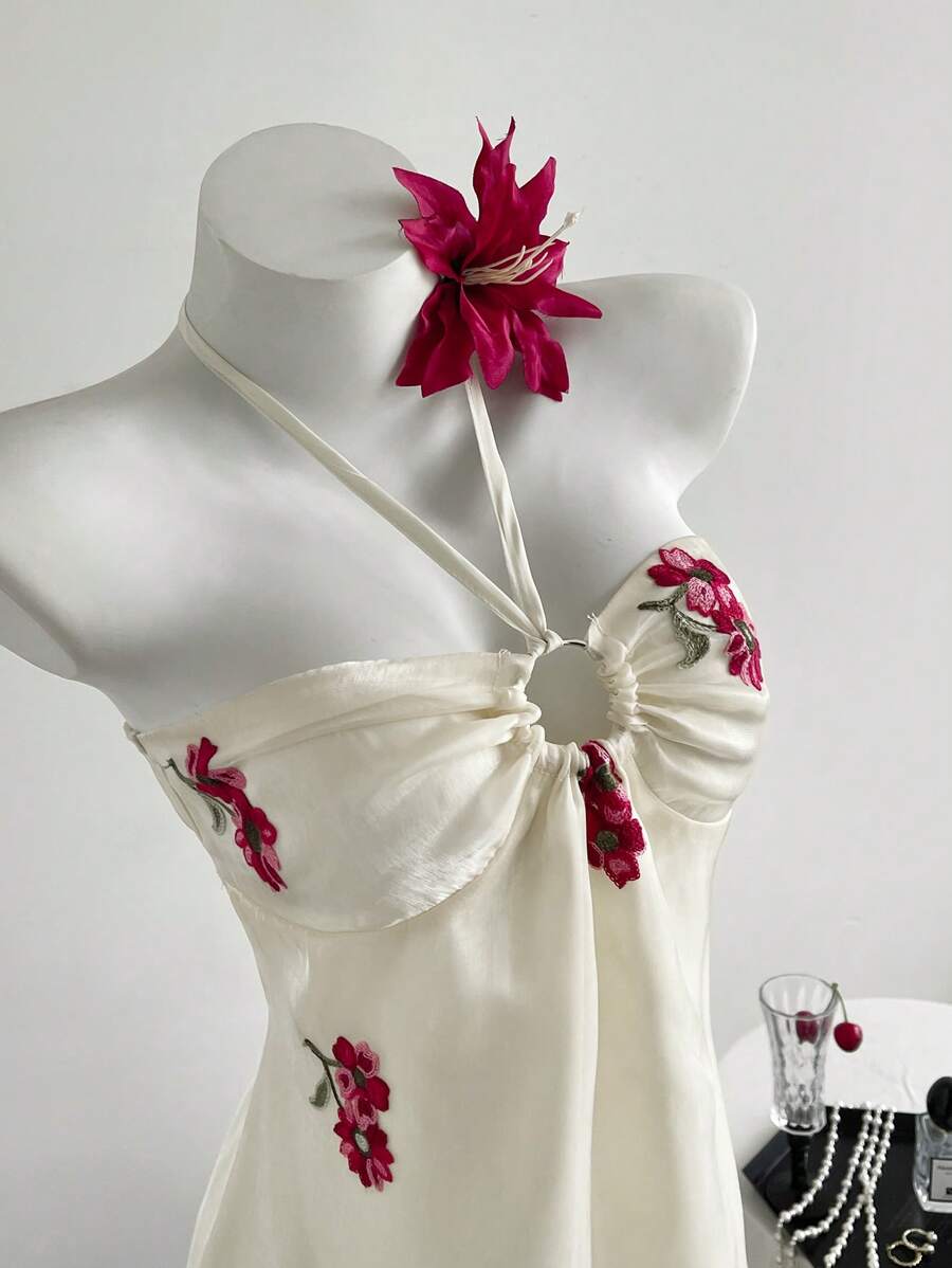 Chiquease Women's Summer Floral Embroidery Vacation Halterneck Cinched Waist Lightweight Organza Mini Dress Hibiscus Dress Embroidered Dress Vintage Dress