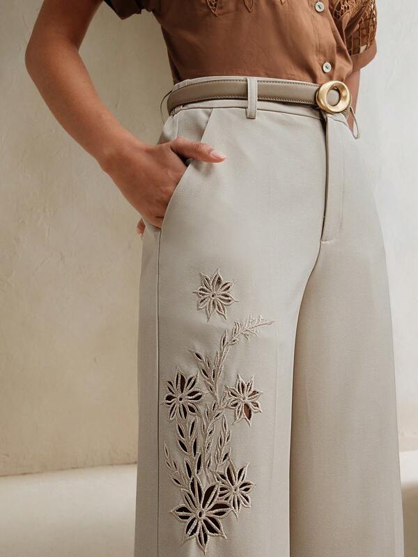 Anewsta Stylish Casual Women's Pants Long Camel-Colored Woven Fabric With Delicate Floral Embroidery