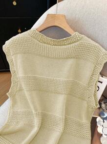 Franclia 纹理拼布贝壳边流苏下摆无袖蓝色针织上衣，适合春夏季休闲风格