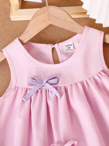 Genkimix Kids Vestido casual de media pantorrilla para niñas con contraste de color, decoración de moño sin mangas - Multicolor - Ver 6