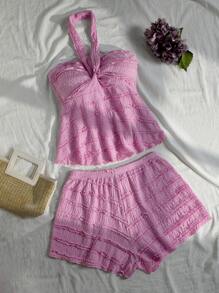 SHEIN Unity Women Vacation Casual Solid Color Halter Sleeveless Top And Shorts 2 Pieces Set - Pink - View 3