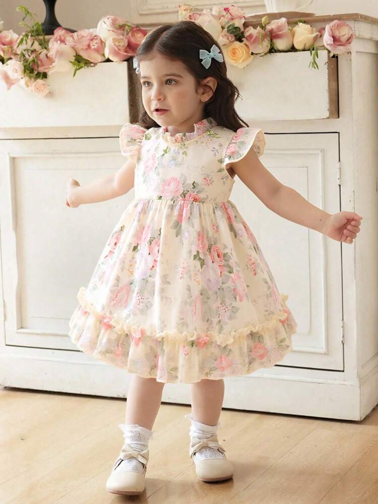 Elladie kids فستان ذو طبعة وردة مكشكش من الشيفون بدون أكمام للبنات الصغار، بسحاب خلفي، طراز أميرة جميل، متعدد الاستخدامات للاستخدام اليومي والعمل - لون مشمشي - مشاهدة 1