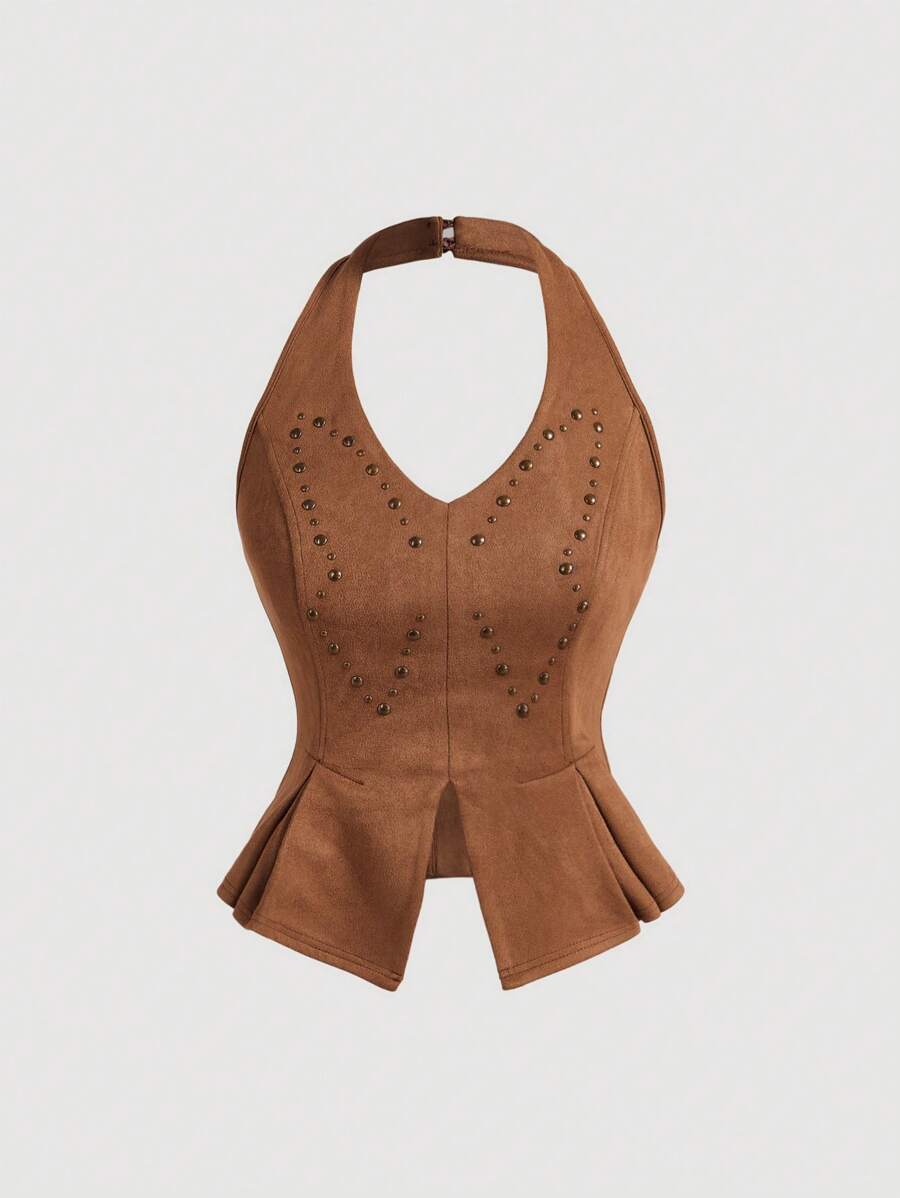 SHEIN MOD ملابس علوية نسائي مزين بالخرز مع حافة منسدلة، رقبة حلقة، ملابس علوية عصرية بدون أكمام، ملابس علوية حلقة، ملابس علوية Y2K، حفلات موسيقى الريف، سترة بنية، رقص، ملابس علوية للحفلات، كاوبوي - أصفر - مشاهدة 1
