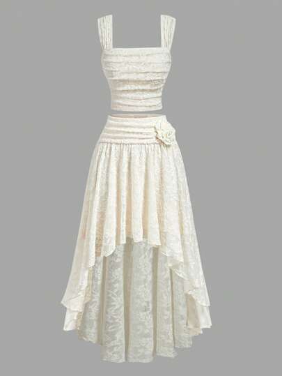 SHEIN MOD طقم صيفي للنساء يتكون من قميص كامي أنيق بلون كريمي وتنورة غير متماثلة الذيل