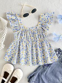 SHEIN 休闲碎花盖袖上衣，适合青春期女孩，时尚百搭，适合日常穿着 - 藍色 - 查看 2