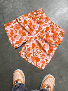 PAVTROS 男士字母迷彩印花抽绳腰休闲短裤橙色迷彩短裤橙色运动短裤男士迷彩短裤橙色短裤心形短裤。送给男朋友或丈夫的绝佳礼物。 - 橘色 - 查看 1