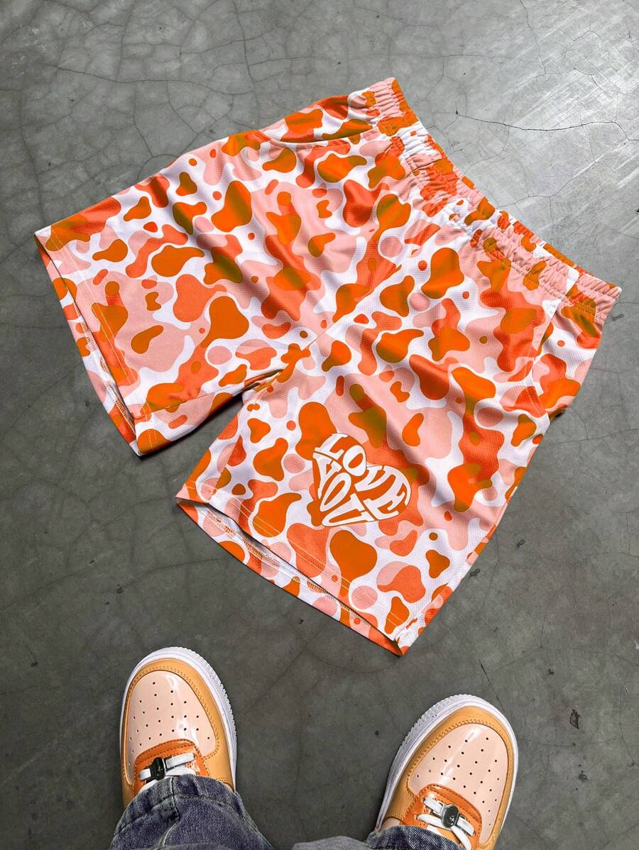 PAVTROS 男士字母迷彩印花抽绳腰休闲短裤橙色迷彩短裤橙色运动短裤男士迷彩短裤橙色短裤心形短裤。送给男朋友或丈夫的绝佳礼物。 - 橘色 - 查看 1