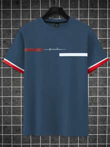 Manfinity Homme 男士撞色印花圆领短袖T恤 - 藍色 - 查看 2