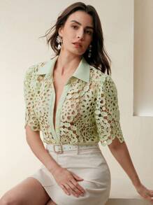 Anewsta 女士优雅镂空花卉蕾丝衬衫，适合度假、节日、海滩、节日、春夏、毕业典礼 - 綠色 - 查看 3