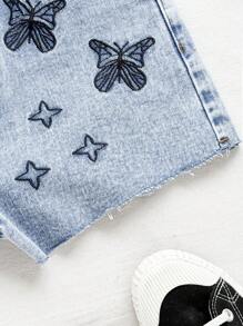 Tween Girls' Summer Casual Light Blue Denim Shorts,Back-To-School Retro Y2K Butterfly Embroidery A-Line Shorts For School,Holiday,Daily Wear,8-12Y - Light Wash - View 7