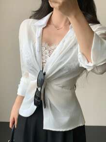 DAZY Women's V-Neck Twist Long Sleeve Semi-Sheer City Casual Blouse, Summer - White - View 5