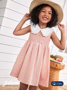 Joliand 1 pezzo Vestito elegante da ragazza giovane Joliand, a quadri rosa, con decorazioni in pizzo bianco, colletto a rever, senza maniche, a-line, adatto per festa, viaggi, matrimoni, estate