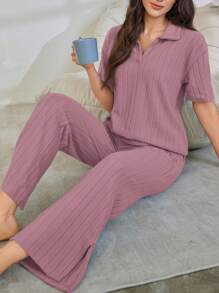 女士休闲针织拉绒领睡衣套装家居服女士套装罗纹睡衣套装，服装 - 藕粉色 - 查看 6