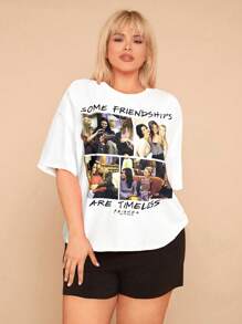 FRIENDS X SHEIN Mystic heart Camiseta casual de talla grande de verano con estampado gráfico de texto