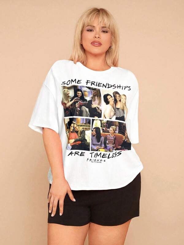 FRIENDS X SHEIN Mystic heart Camiseta casual de talla grande de verano con estampado gráfico de texto