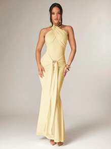 Silquee Women's Elegant Overlapping Design Long Sleeve Maxi Dress, Front Center Slit, Metal Button Decor, Stretchy Knit Fabric, Suitable For Party, Cocktail And Romantic Date, Autumn/Winter, Yellow Formal Dress Gold Formal Dresses For Women Glamorous Gown Goddess Dress Slaydiva Dresses Yellow Gown Halter Neck Gown