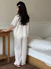 Dazy Kids Tween Girls Contrast Lace Short Sleeve Button Up Top And Pants Pajama Set - Apricot - View 3